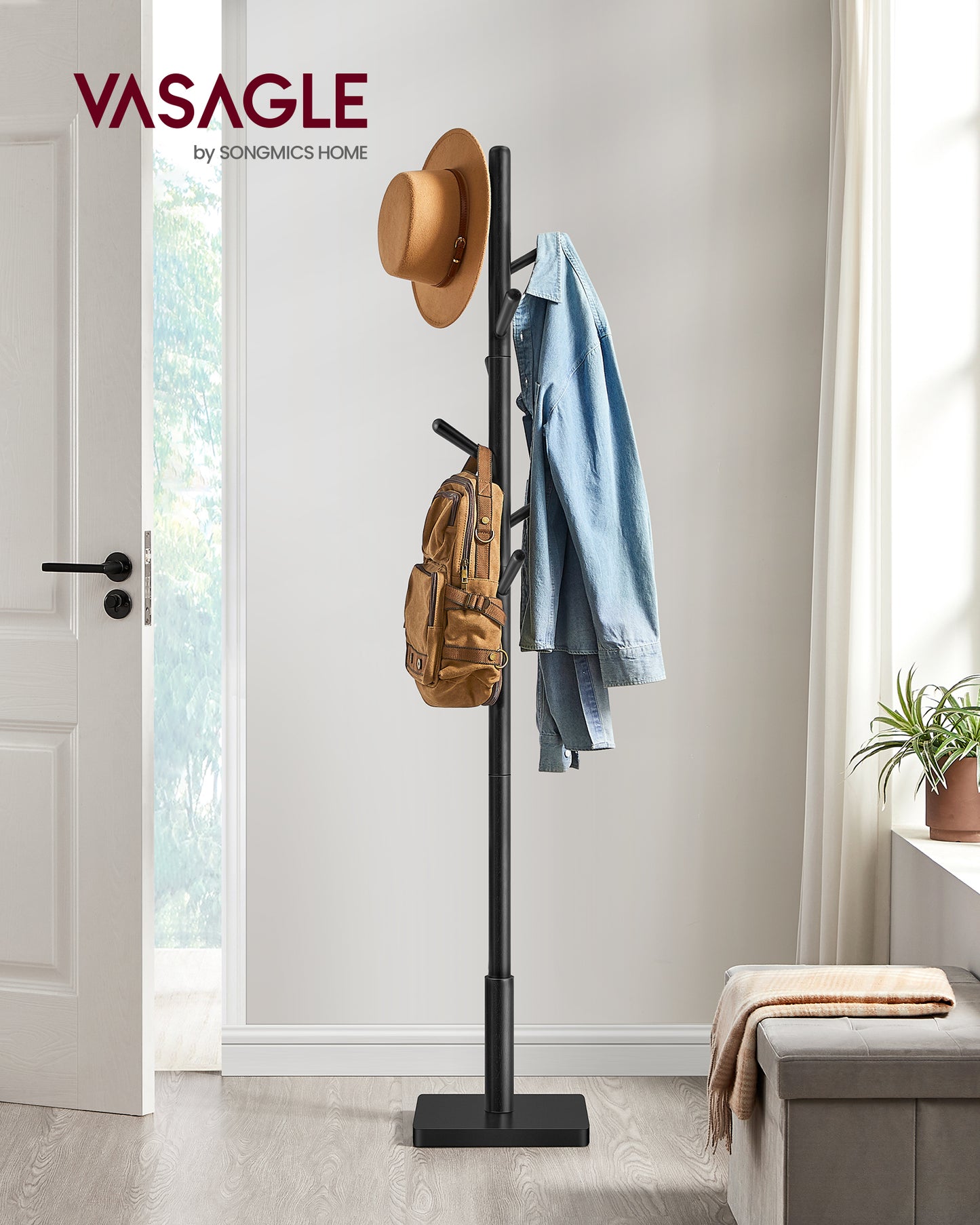VASAGLE 8 Hooks Solid Wood Coat Rack Wood Hall Tree Coat Rack Stand with Stable Square Base 3 Height Options Office Ink Black