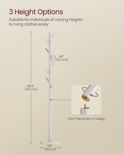 Solid Wood Coat Rack, Free Standing Hall Coat Tree with 8 Hooks, 3 Height Options, for Coats, Hats, Bags, Purses, for Entryway, Hallway, Rubberwood Hooks and Pole, Cappuccino Beige