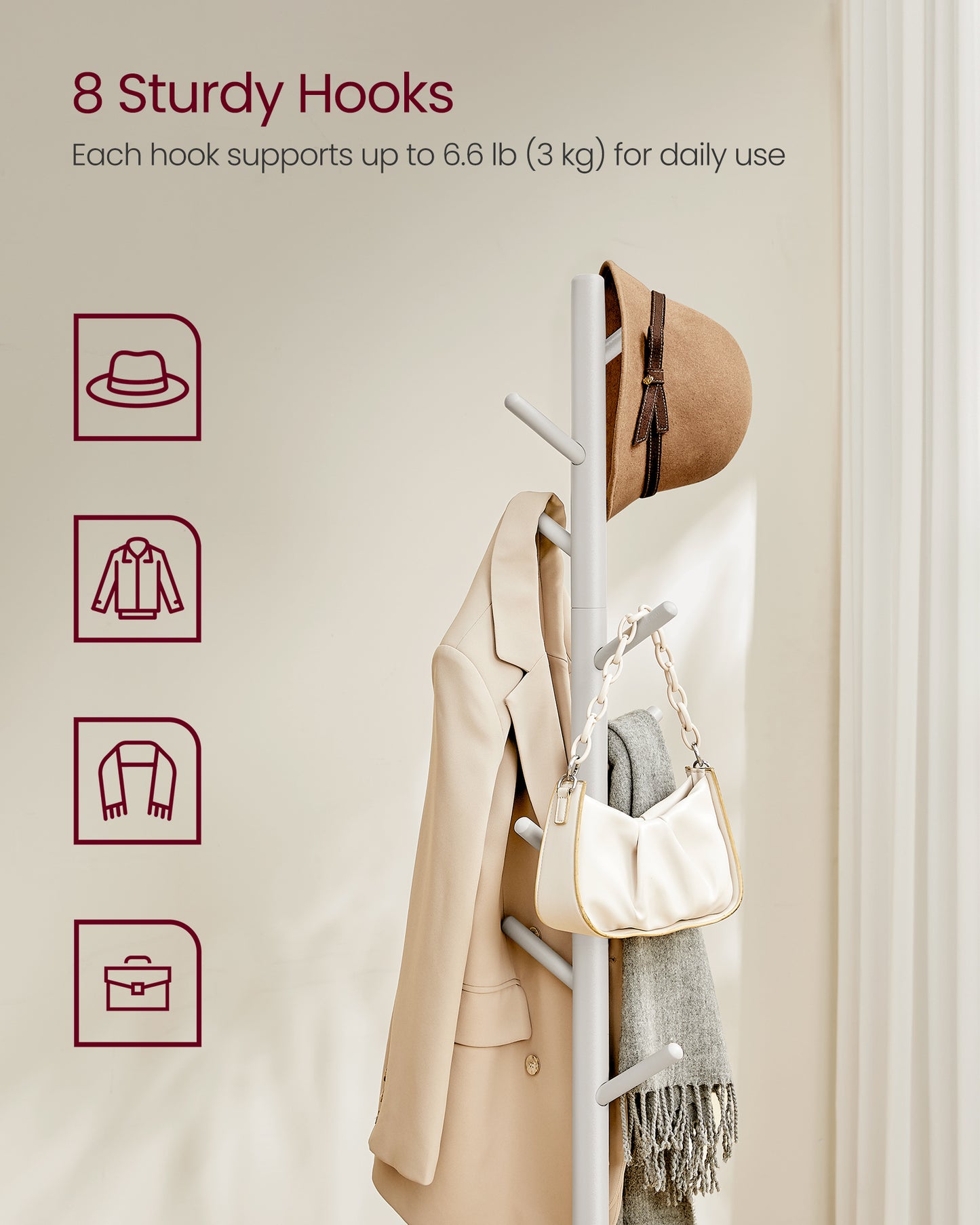 Solid Wood Coat Rack, Free Standing Hall Coat Tree with 8 Hooks, 3 Height Options, for Coats, Hats, Bags, Purses, for Entryway, Hallway, Rubberwood Hooks and Pole, Cappuccino Beige