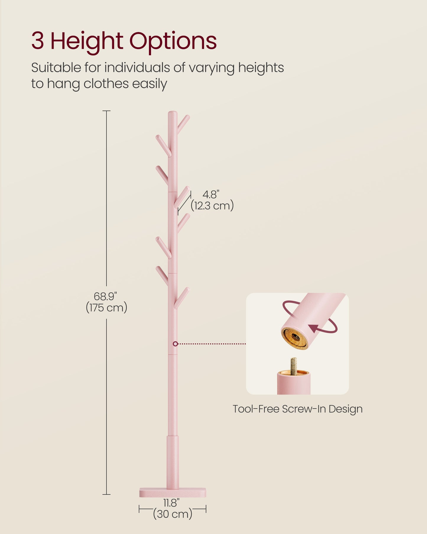 Solid Wood Coat Rack, Free Standing Hall Coat Tree with 8 Hooks, 3 Height Options, for Coats, Hats, Bags, Purses, for Entryway, Hallway, Rubberwood Hooks and Pole, Jelly Pink