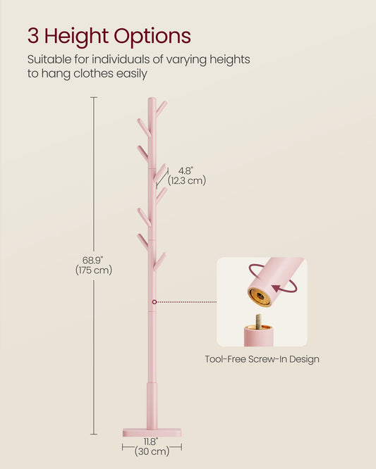 Solid Wood Coat Rack, Free Standing Hall Coat Tree with 8 Hooks, 3 Height Options, for Coats, Hats, Bags, Purses, for Entryway, Hallway, Rubberwood Hooks and Pole, Jelly Pink