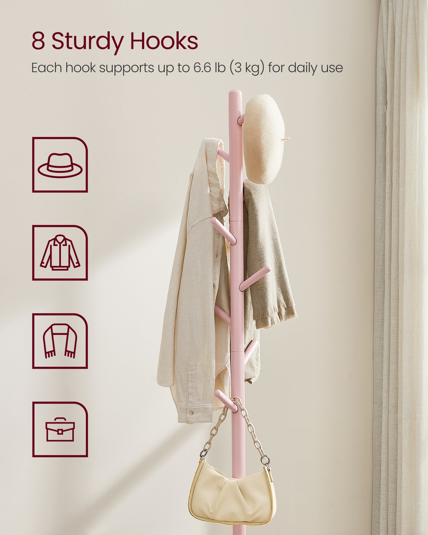 Solid Wood Coat Rack, Free Standing Hall Coat Tree with 8 Hooks, 3 Height Options, for Coats, Hats, Bags, Purses, for Entryway, Hallway, Rubberwood Hooks and Pole, Jelly Pink