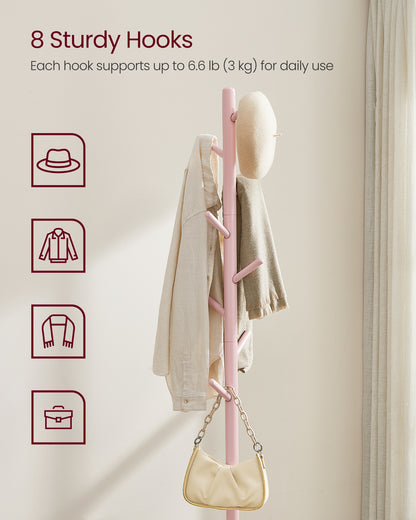 Solid Wood Coat Rack, Free Standing Hall Coat Tree with 8 Hooks, 3 Height Options, for Coats, Hats, Bags, Purses, for Entryway, Hallway, Rubberwood Hooks and Pole, Jelly Pink