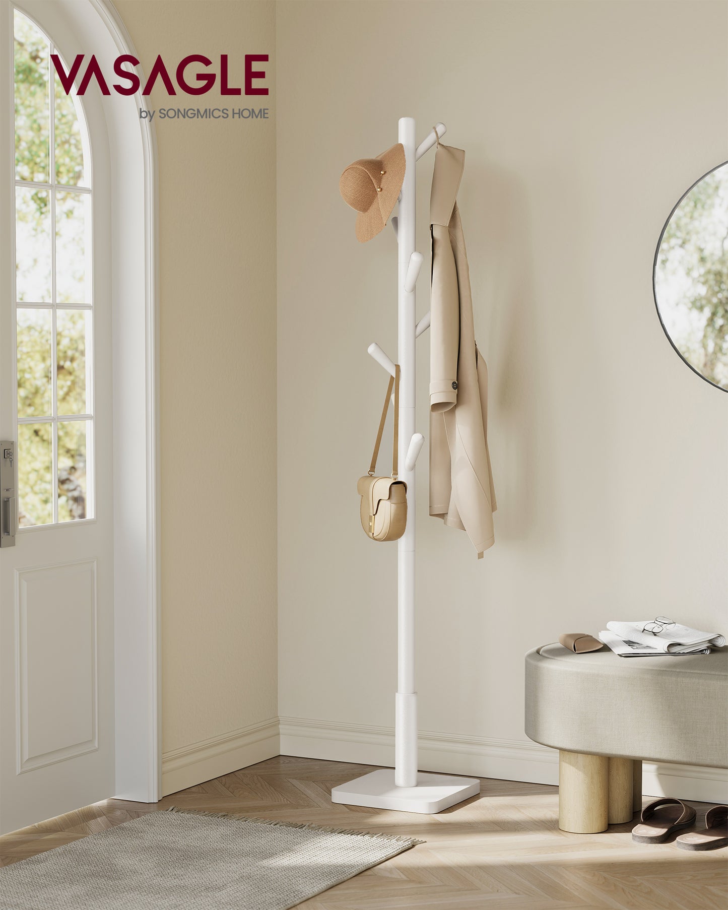 VASAGLE Solid Wood Coat Rack, Wood Hall Tree, Coat Rack Stand with 8 Hooks, Stable Square Base, 3 Height Options, Cloud White