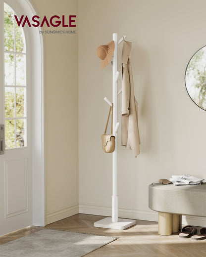 VASAGLE Solid Wood Coat Rack, Wood Hall Tree, Coat Rack Stand with 8 Hooks, Stable Square Base, 3 Height Options, Cloud White