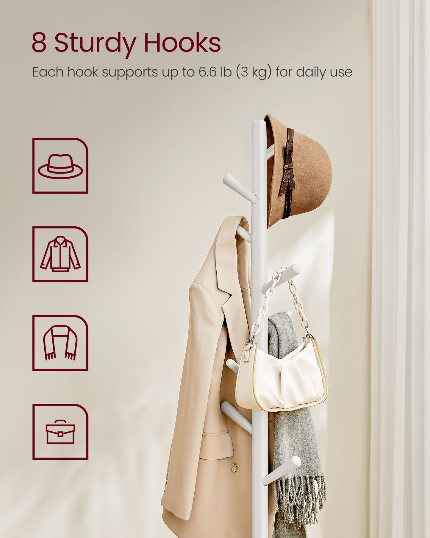 VASAGLE Solid Wood Coat Rack, Wood Hall Tree, Coat Rack Stand with 8 Hooks, Stable Square Base, 3 Height Options, Cloud White
