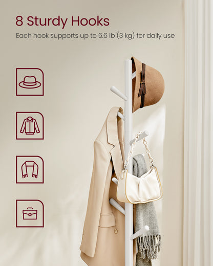 VASAGLE Solid Wood Coat Rack, Wood Hall Tree, Coat Rack Stand with 8 Hooks, Stable Square Base, 3 Height Options, Cloud White
