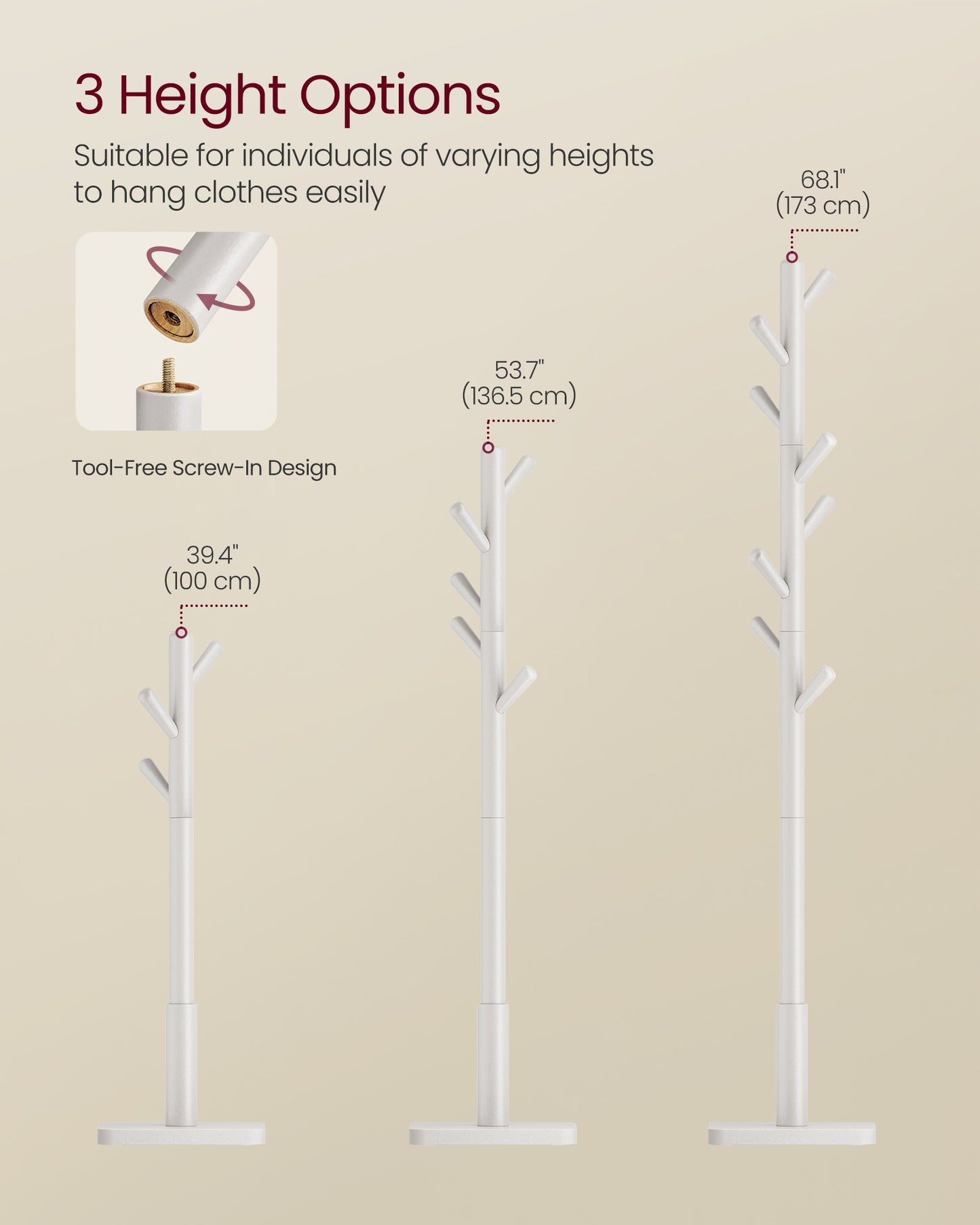 VASAGLE Solid Wood Coat Rack, Wood Hall Tree, Coat Rack Stand with 8 Hooks, Stable Square Base, 3 Height Options, Cloud White