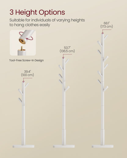 VASAGLE Solid Wood Coat Rack, Wood Hall Tree, Coat Rack Stand with 8 Hooks, Stable Square Base, 3 Height Options, Cloud White
