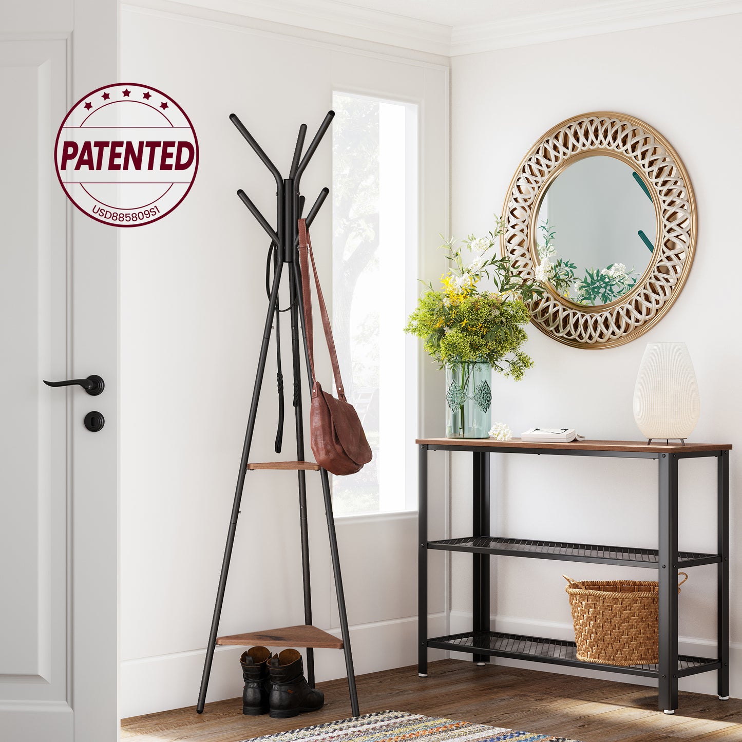 VASAGLE Coat Rack Freestanding Stand Hall Tree with 2 Shelves Brown and Black