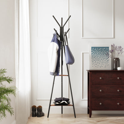 VASAGLE Coat Rack Freestanding Stand Hall Tree with 2 Shelves Brown and Black