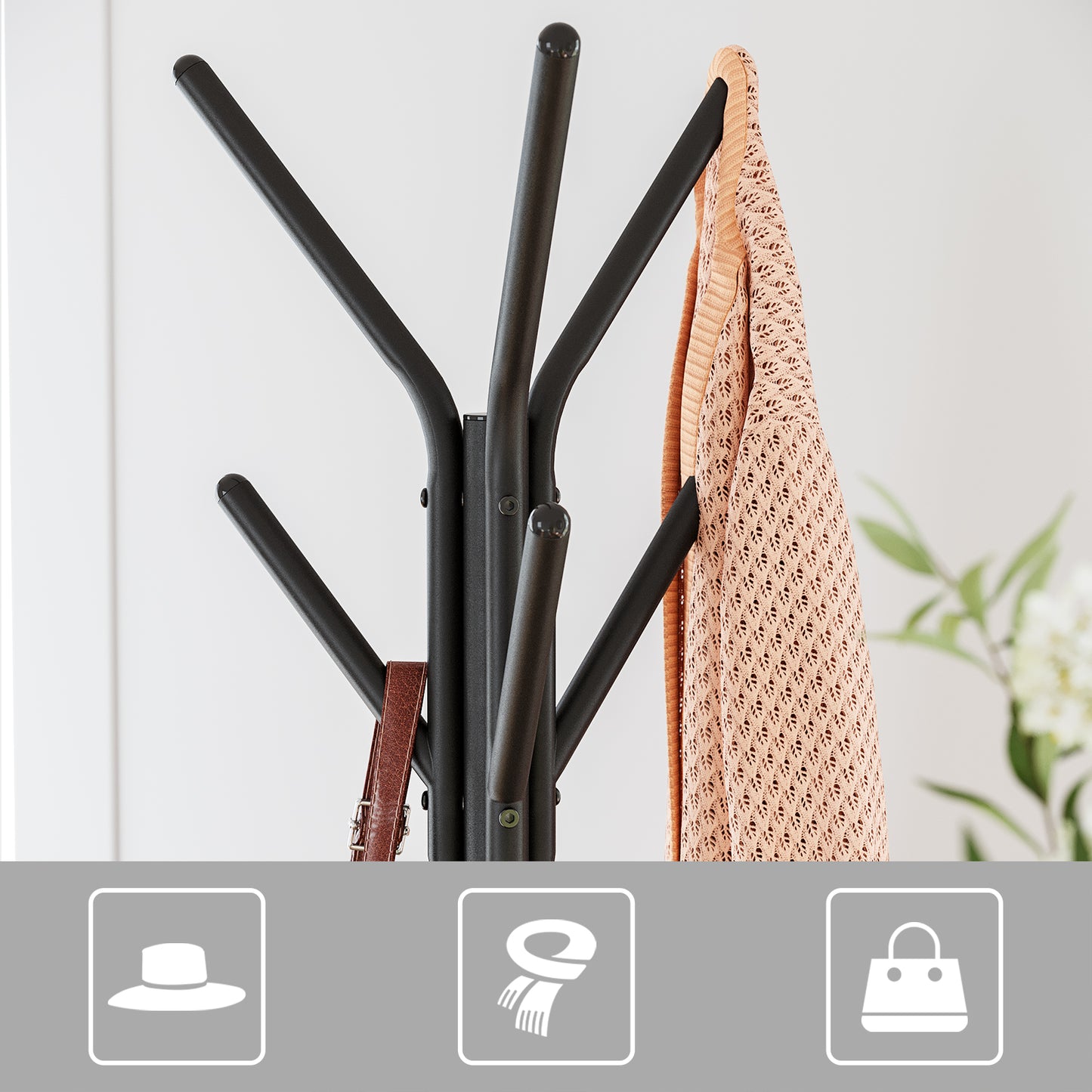 VASAGLE Coat Rack Freestanding Stand Hall Tree with 2 Shelves Brown and Black