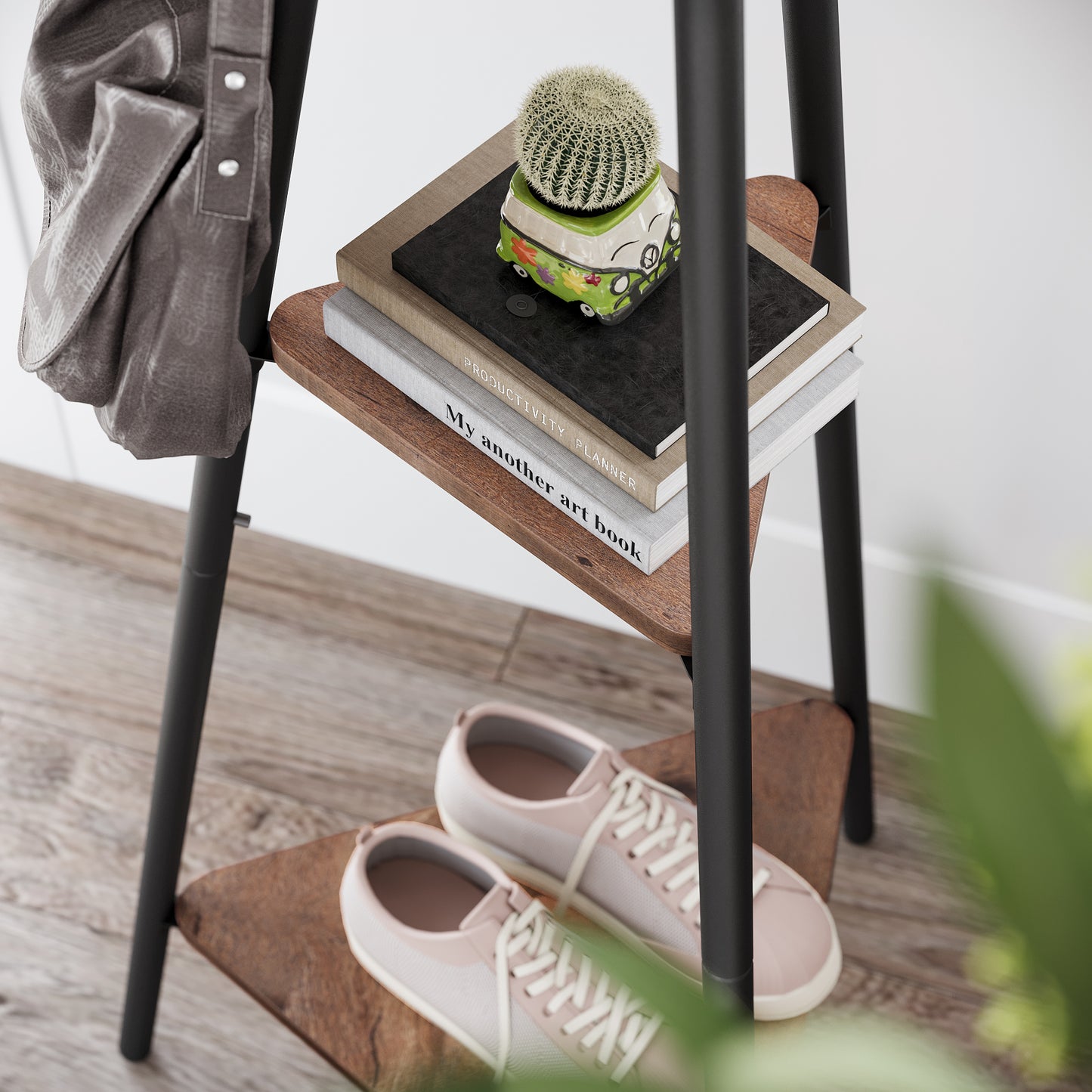 VASAGLE Coat Rack Freestanding Stand Hall Tree with 2 Shelves Brown and Black