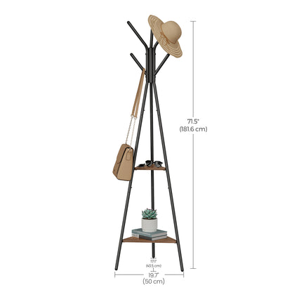 VASAGLE Coat Rack Freestanding Stand Hall Tree with 2 Shelves Brown and Black