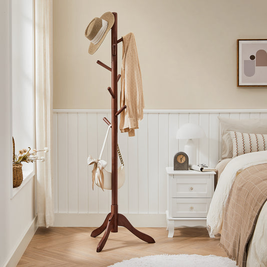 VASAGLE Solid Wood Coat Rack - Tree-Shaped, Free Standing, 8 Hooks, 3 Height Options - Dark Walnut
