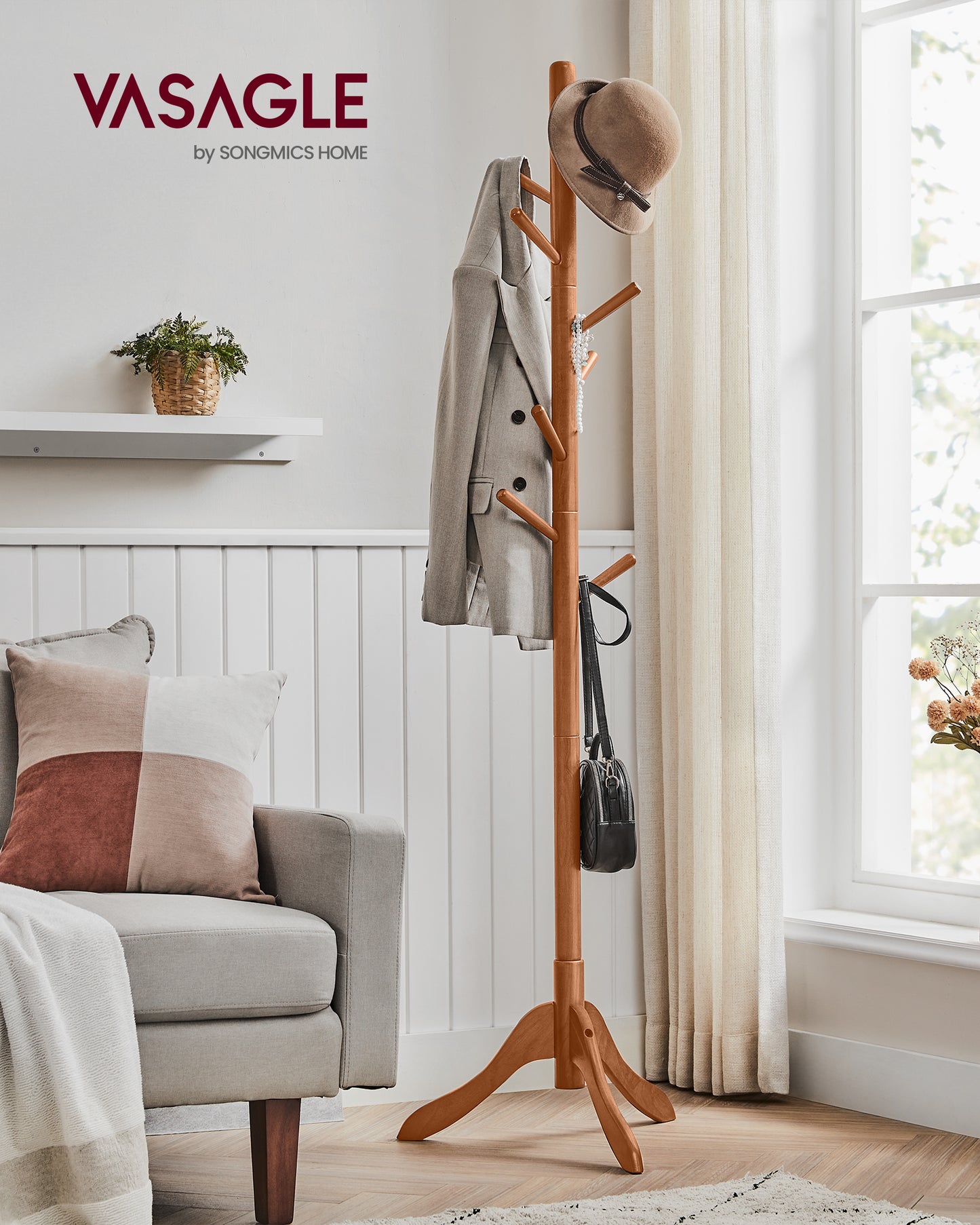 VASAGLE Solid Wood Coat Rack Free Standing with 8 Hooks Caramel Brown