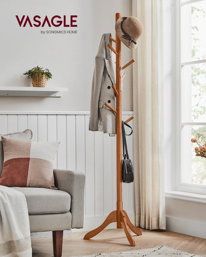 VASAGLE Solid Wood Coat Rack Free Standing with 8 Hooks Caramel Brown