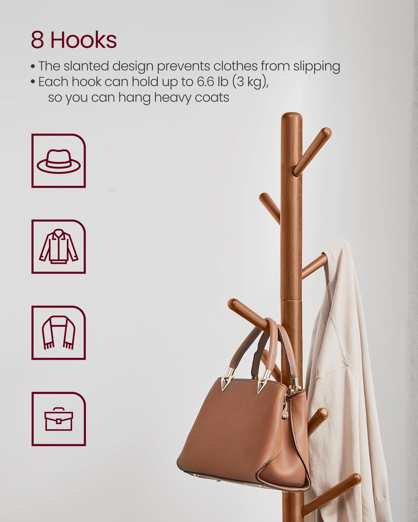 VASAGLE Solid Wood Coat Rack Free Standing with 8 Hooks Caramel Brown