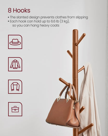 VASAGLE Solid Wood Coat Rack Free Standing with 8 Hooks Caramel Brown