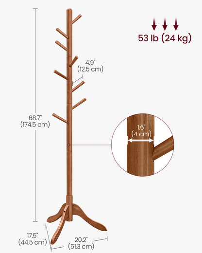 VASAGLE Solid Wood Coat Rack Free Standing with 8 Hooks Caramel Brown