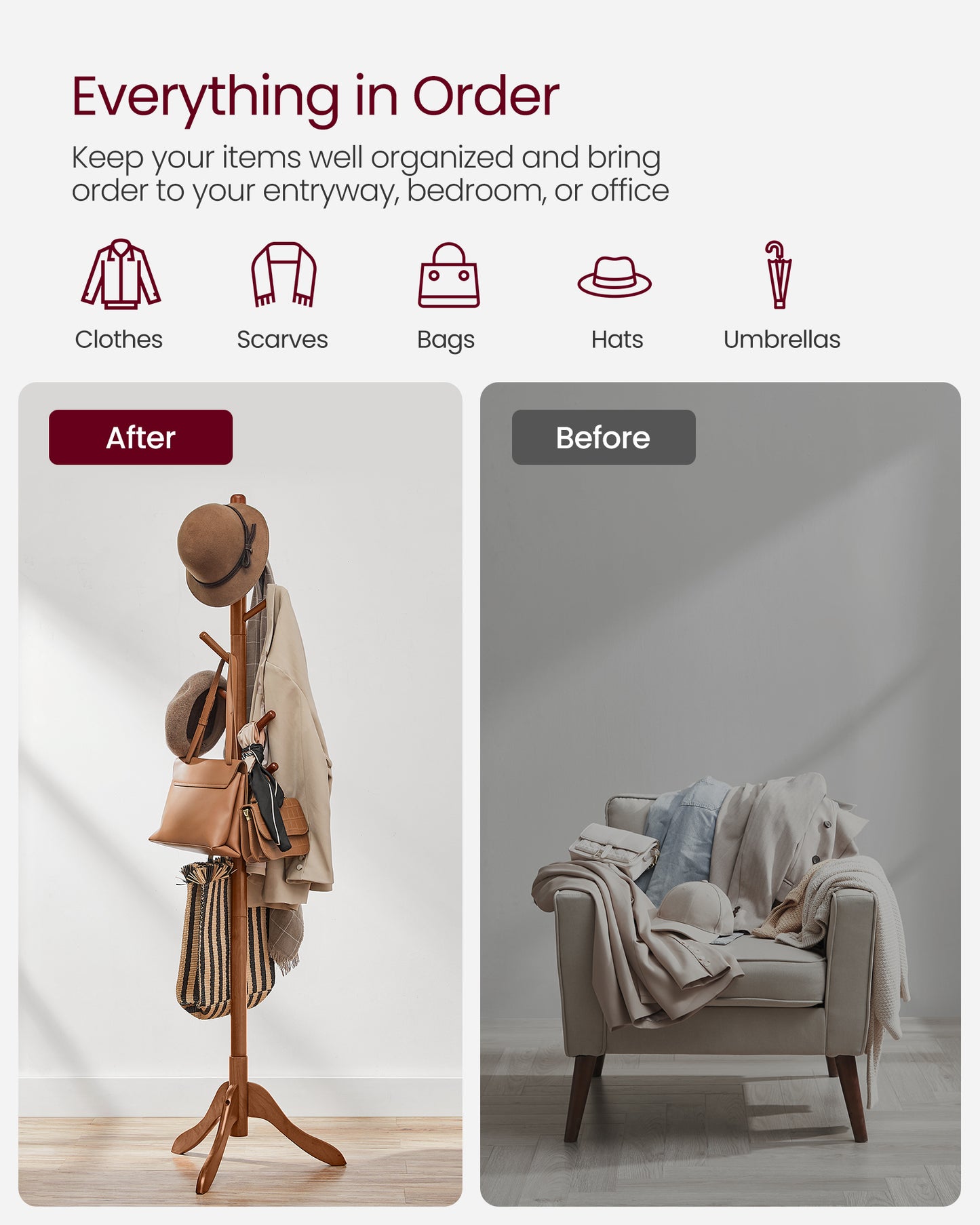 VASAGLE Solid Wood Coat Rack Free Standing with 8 Hooks Caramel Brown