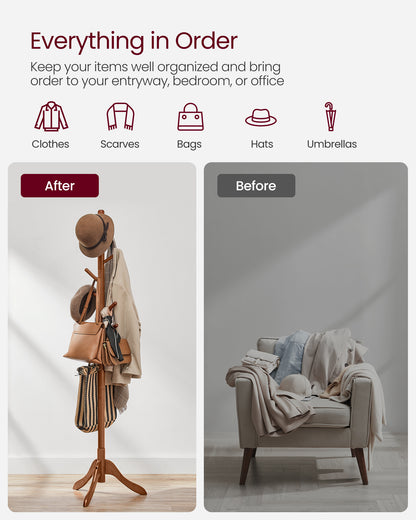 VASAGLE Solid Wood Coat Rack Free Standing with 8 Hooks Caramel Brown