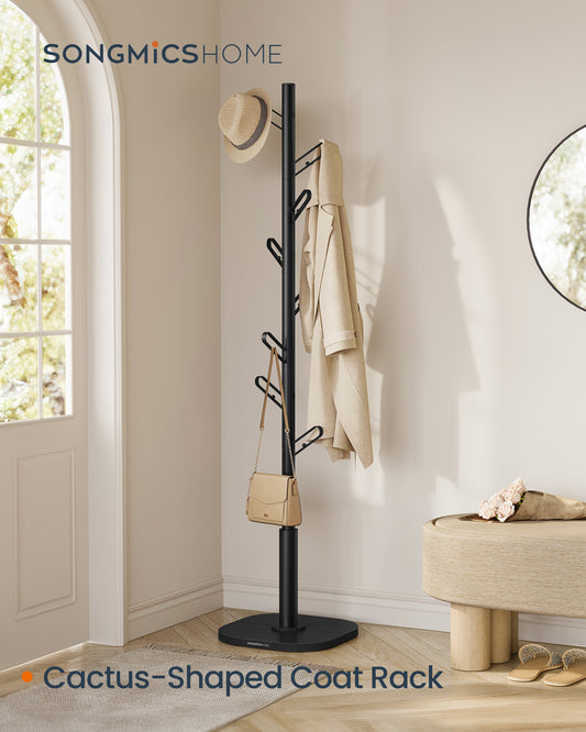 Tree-Shaped Coat Rack Freestanding, 69-Inch Tall Coat Rack Stand with 8 Sturdy Hooks, Height Adjustable for Clothes, Hats, Bags, Ink Black