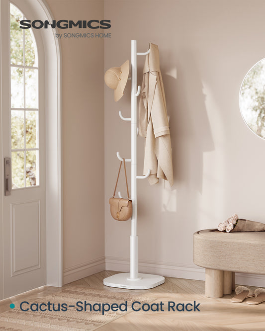 Cactus-Shaped Coat Rack Freestanding with 8 Sturdy Hooks, Curved Ends, 69 Inches Tall for Clothes Hats Bags, Cloud White