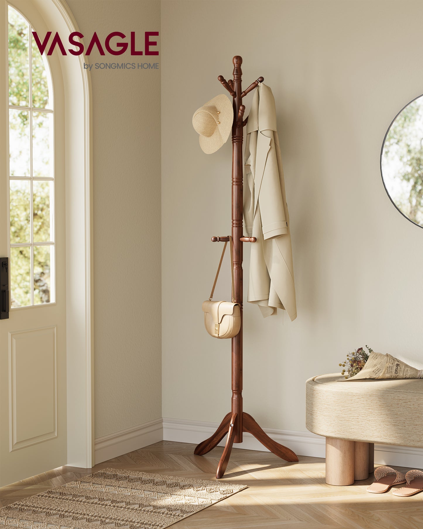 Free Standing Coat Rack Stand - Solid Wood Hall Tree with 10 Hooks, Dark Walnut Finish for Entryway and Hallway ,Dark Walnut