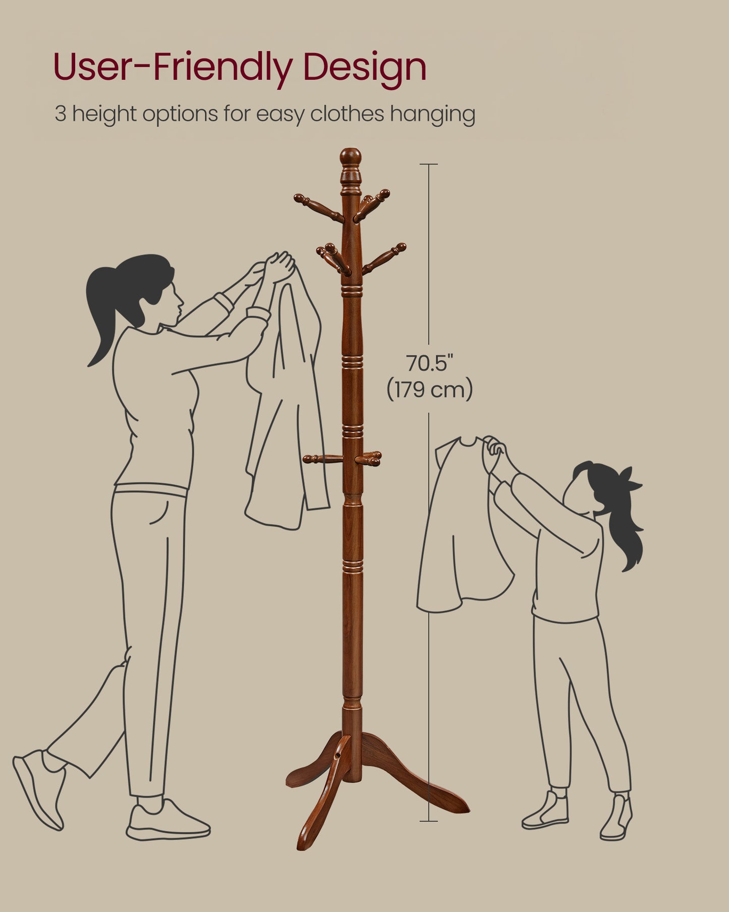 Free Standing Coat Rack Stand - Solid Wood Hall Tree with 10 Hooks, Dark Walnut Finish for Entryway and Hallway ,Dark Walnut