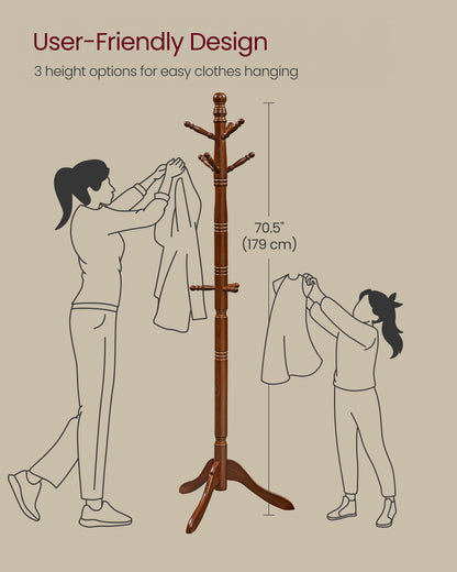 Free Standing Coat Rack Stand - Solid Wood Hall Tree with 10 Hooks, Dark Walnut Finish for Entryway and Hallway ,Dark Walnut