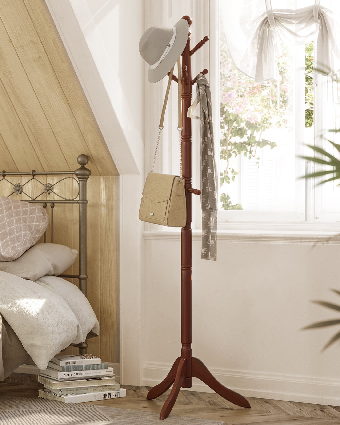 Free Standing Coat Rack Stand - Solid Wood Hall Tree with 10 Hooks, Dark Walnut Finish for Entryway and Hallway ,Dark Walnut
