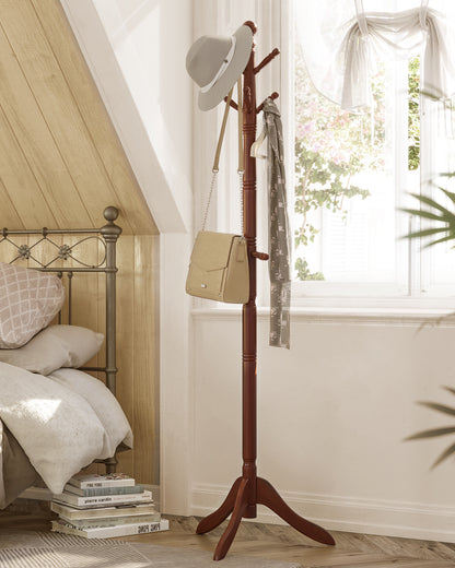 Free Standing Coat Rack Stand - Solid Wood Hall Tree with 10 Hooks, Dark Walnut Finish for Entryway and Hallway ,Dark Walnut
