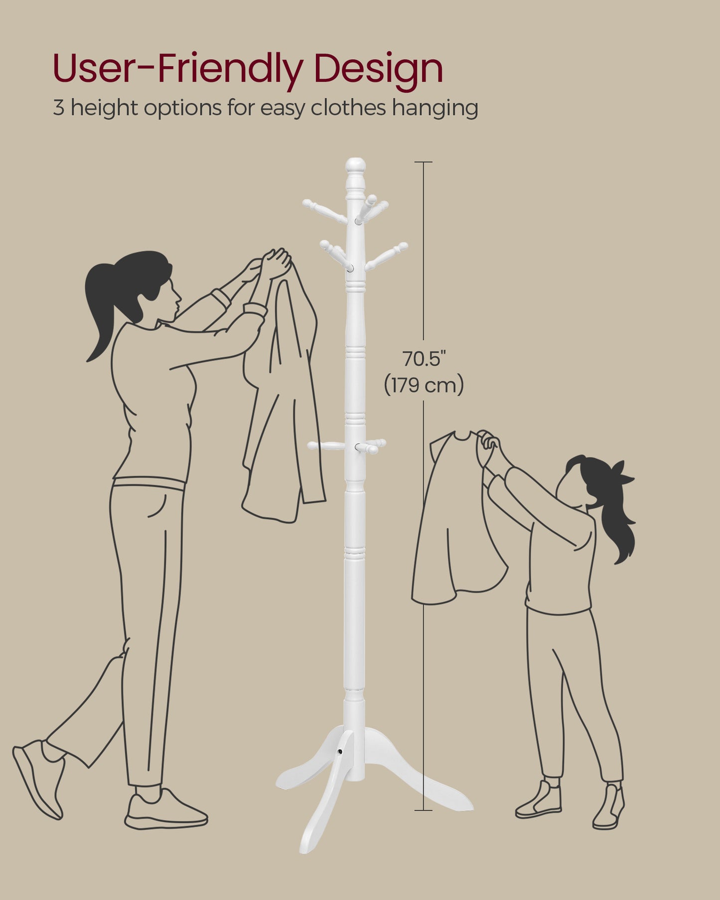 LEDREM Solid Wood Coat Rack and Stand, Free Standing Hall Coat Tree with 10 Hooks for Hats, Bags, Purses, for Entryway, Hallway, Rubberwood