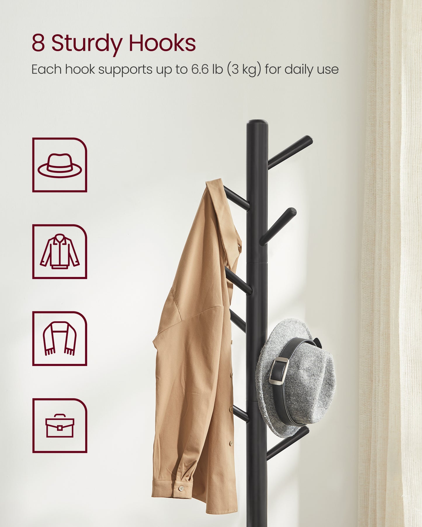 VASAGLE 8 Hooks Solid Wood Coat Rack Free Standing Coat Rack Tree-Shaped Coat Rack Black