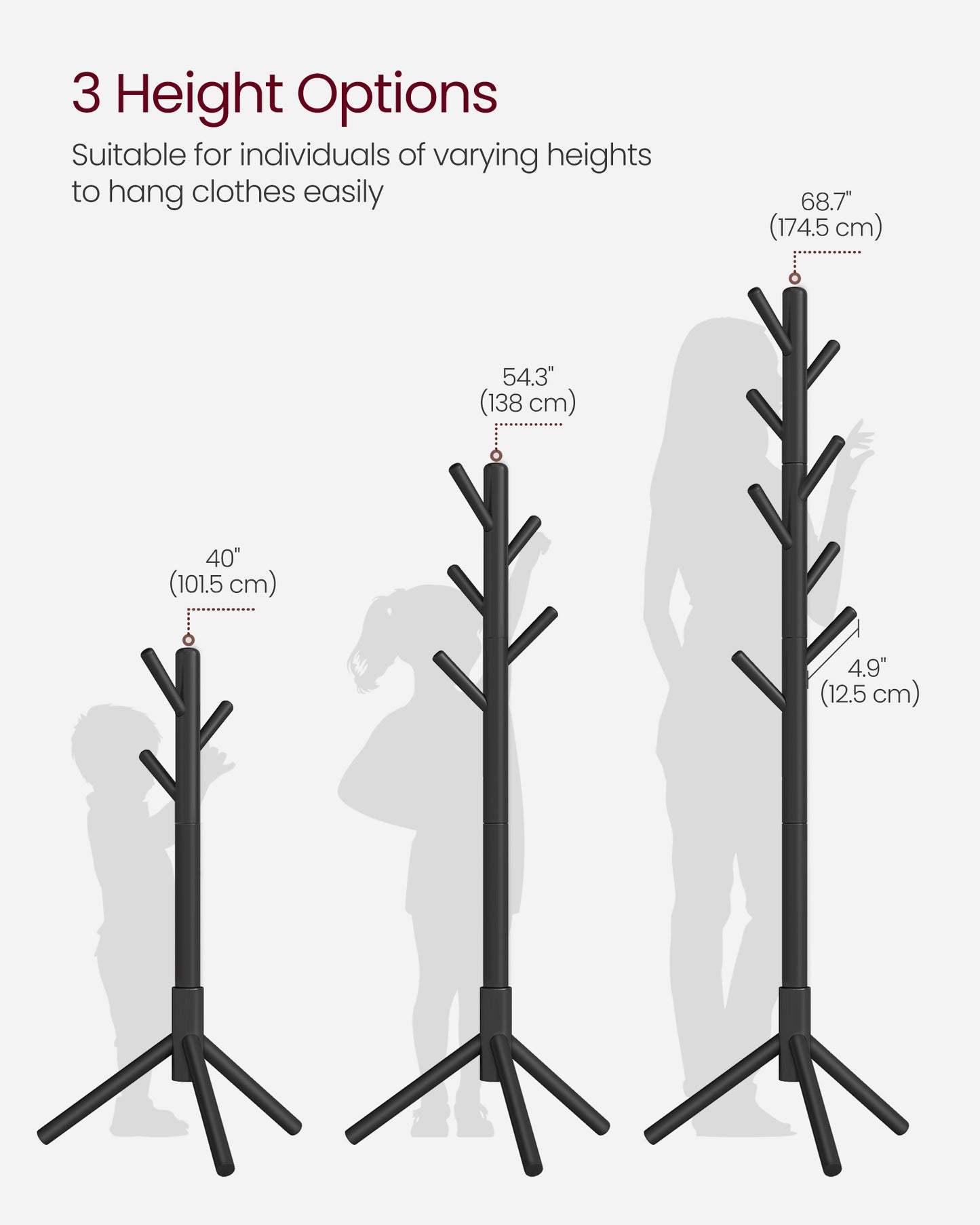 VASAGLE 8 Hooks Solid Wood Coat Rack Free Standing Coat Rack Tree-Shaped Coat Rack Black