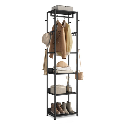 VASAGLE Coat Rack, Freestanding Hall Tree with Shelves, Hanging Rail, and Hooks, Space-Saving Coat Stand, Steel Frame, Ink Black and Charcoal Gra