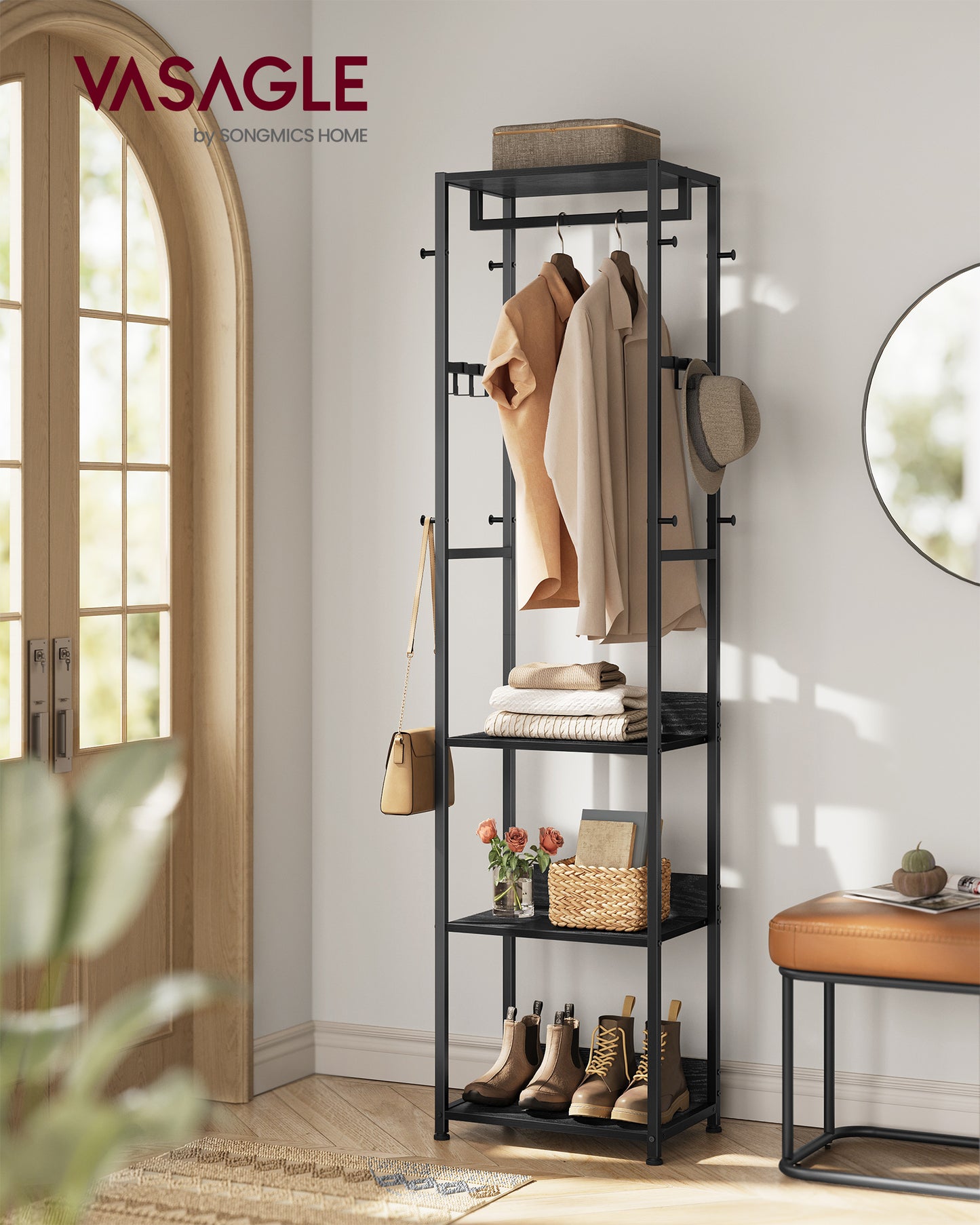VASAGLE Coat Rack, Freestanding Hall Tree with Shelves, Hanging Rail, and Hooks, Space-Saving Coat Stand, Steel Frame, Ink Black and Charcoal Gra