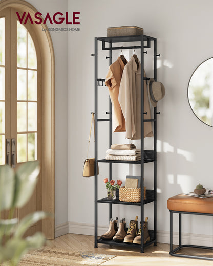 VASAGLE Coat Rack, Freestanding Hall Tree with Shelves, Hanging Rail, and Hooks, Space-Saving Coat Stand, Steel Frame, Ink Black and Charcoal Gra