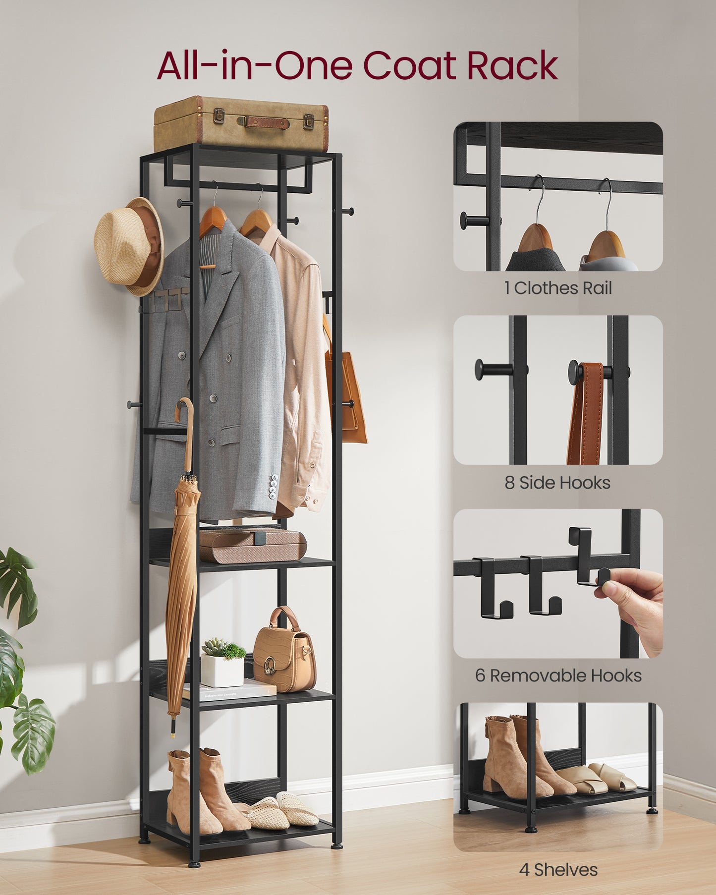 VASAGLE Coat Rack, Freestanding Hall Tree with Shelves, Hanging Rail, and Hooks, Space-Saving Coat Stand, Steel Frame, Ink Black and Charcoal Gra