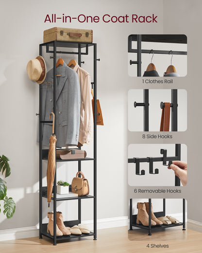 VASAGLE Coat Rack, Freestanding Hall Tree with Shelves, Hanging Rail, and Hooks, Space-Saving Coat Stand, Steel Frame, Ink Black and Charcoal Gra