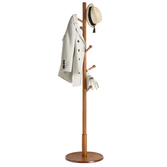 VASAGLE Solid Wood Coat Rack, Wood Hall Tree with 7 Rounded Hooks Dark Walnut