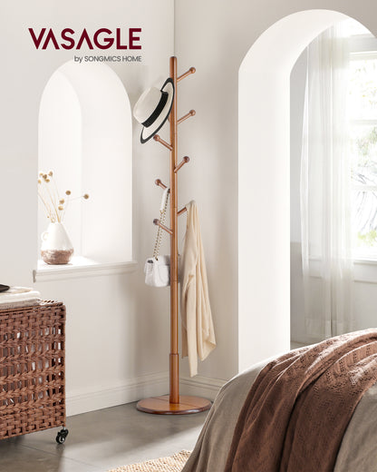 VASAGLE Solid Wood Coat Rack, Wood Hall Tree with 7 Rounded Hooks Dark Walnut