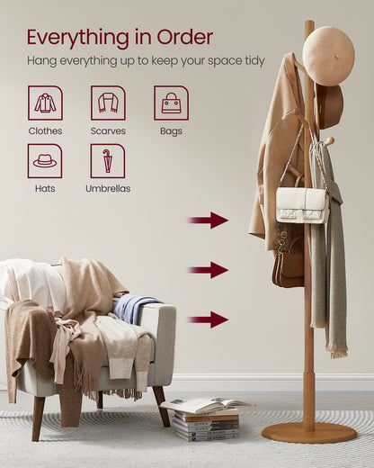 VASAGLE Solid Wood Coat Rack, Wood Hall Tree with 7 Rounded Hooks Dark Walnut