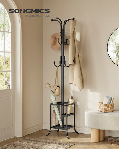 SONGMICS Coat Rack Freestanding with Umbrella Holder, Metal Coat Rack Stand with 12 Hooks, for Entryway, Hallway, Living Room, Bedroom, Ink Black