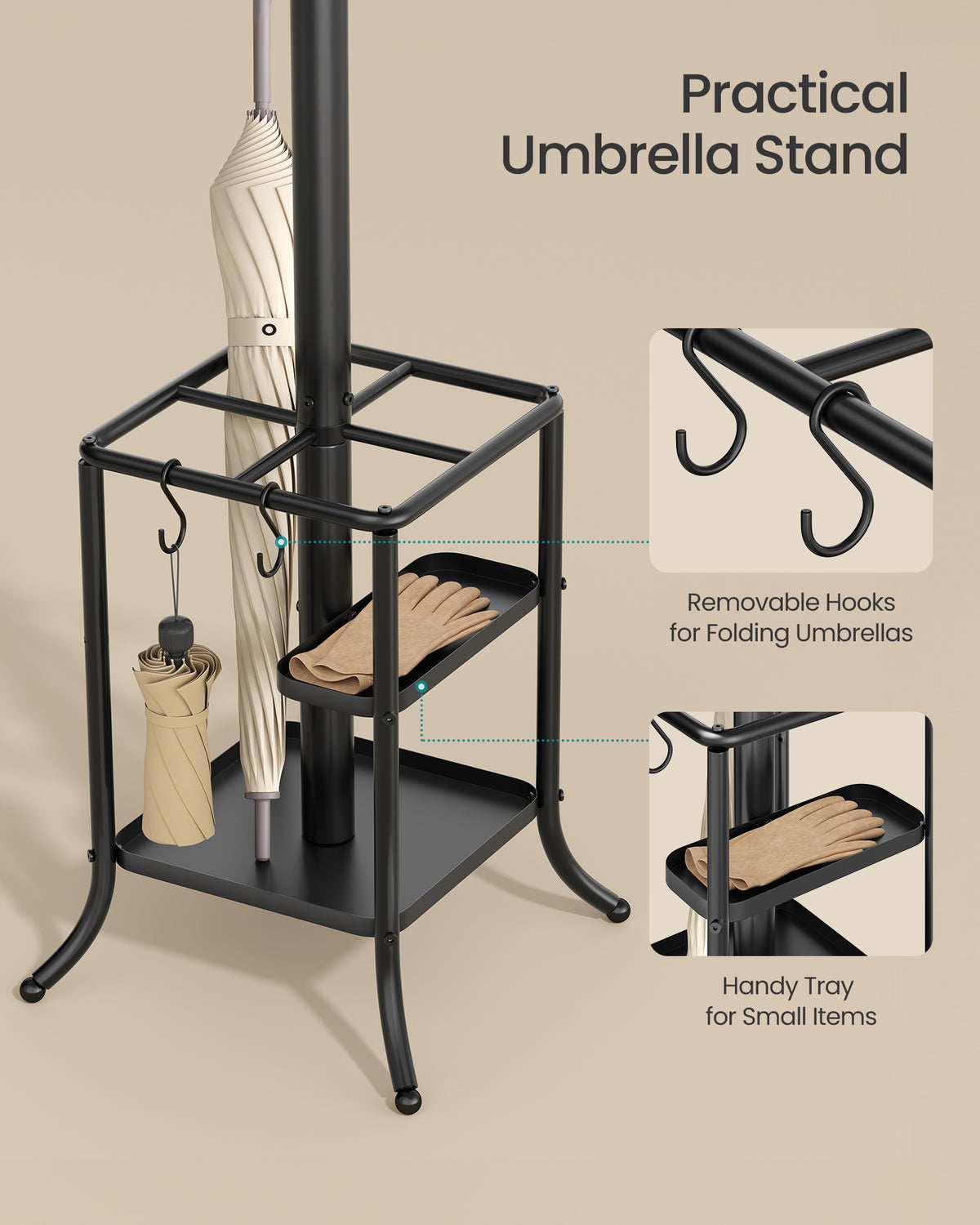 SONGMICS Coat Rack Freestanding with Umbrella Holder, Metal Coat Rack Stand with 12 Hooks, for Entryway, Hallway, Living Room, Bedroom, Ink Black