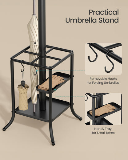 SONGMICS Coat Rack Freestanding with Umbrella Holder, Metal Coat Rack Stand with 12 Hooks, for Entryway, Hallway, Living Room, Bedroom, Ink Black