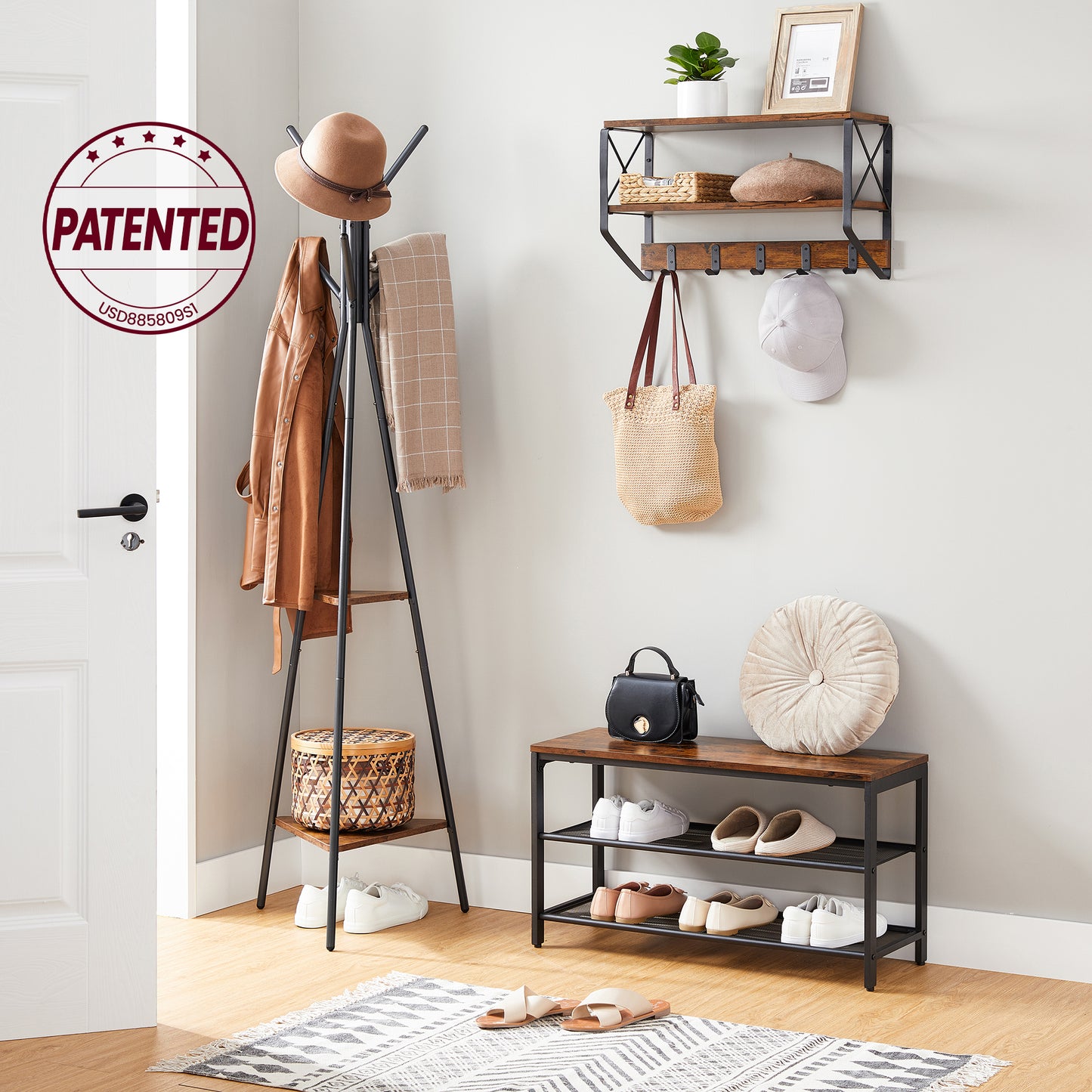 VASAGLE Freestanding Coat Rack - Industrial Style - Rustic Brown and Black