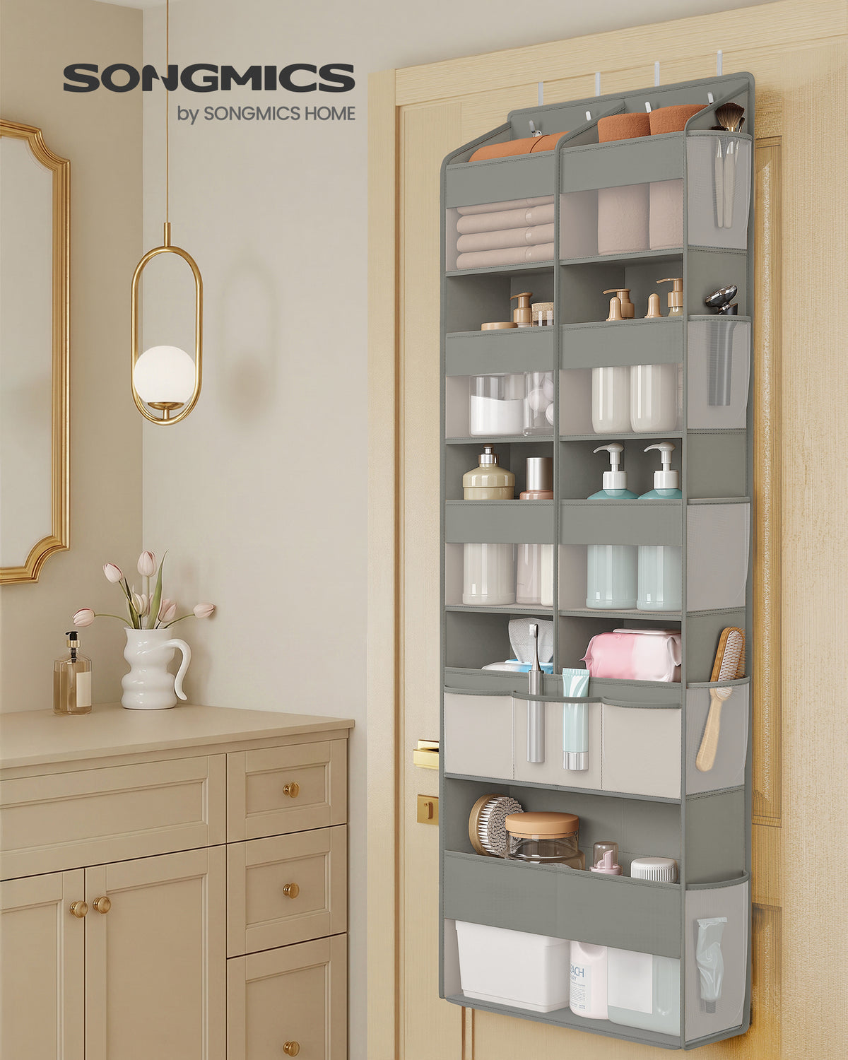 SONGMICS Over-the-Door Organizer, 9-Compartment Door Hanging Storage Shelf, Foldable Closet Hanging Organizer, Heavy-Duty, Metal Hooks, Transparent, Dove Gray