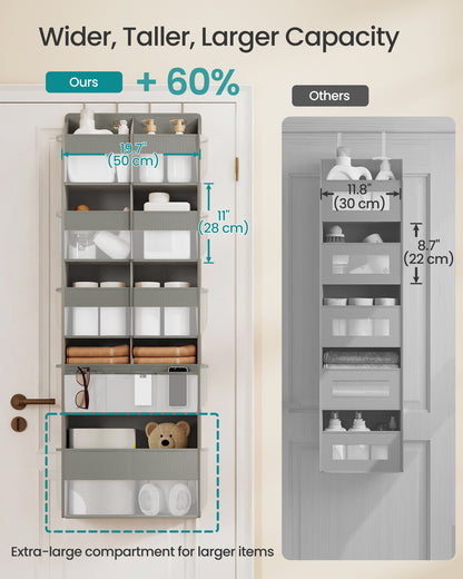 SONGMICS Over-the-Door Organizer, 9-Compartment Door Hanging Storage Shelf, Foldable Closet Hanging Organizer, Heavy-Duty, Metal Hooks, Transparent, Dove Gray